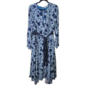 Wayward Fancies eShakti Blue Foral Print Maxi Dress Belt Long Sleeve 2X/22W